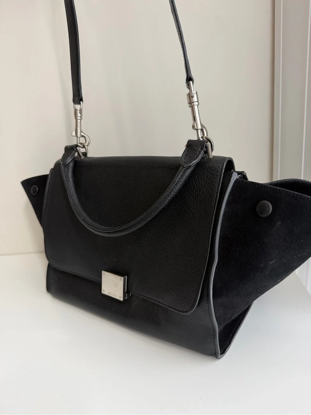 Authentic CELINE Small Trapeze Black Leather Suede Handbag
